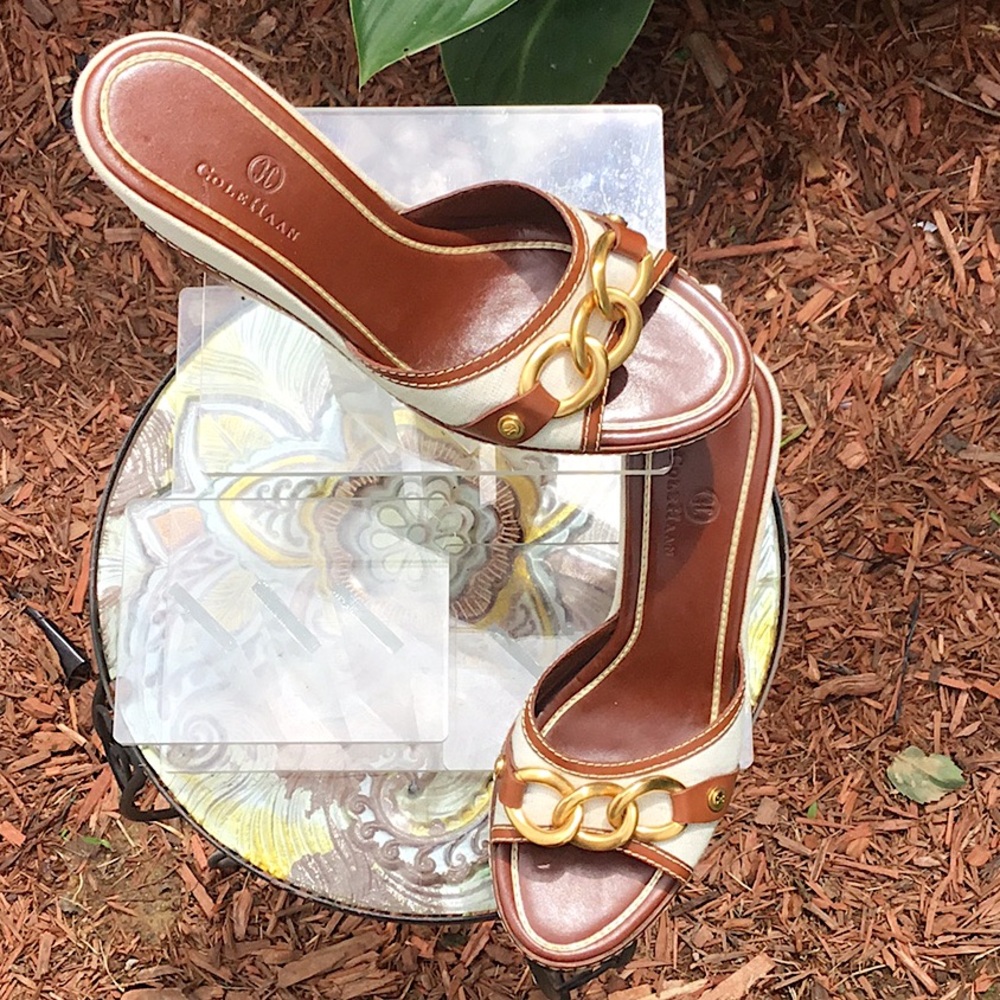 Cole Haan Kina Wedges Natural Linen/Brown leather Sandals - Picture 3 of 15